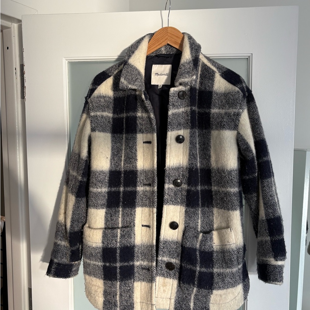 Madewell Navy and Cream Plaid light wool jacket